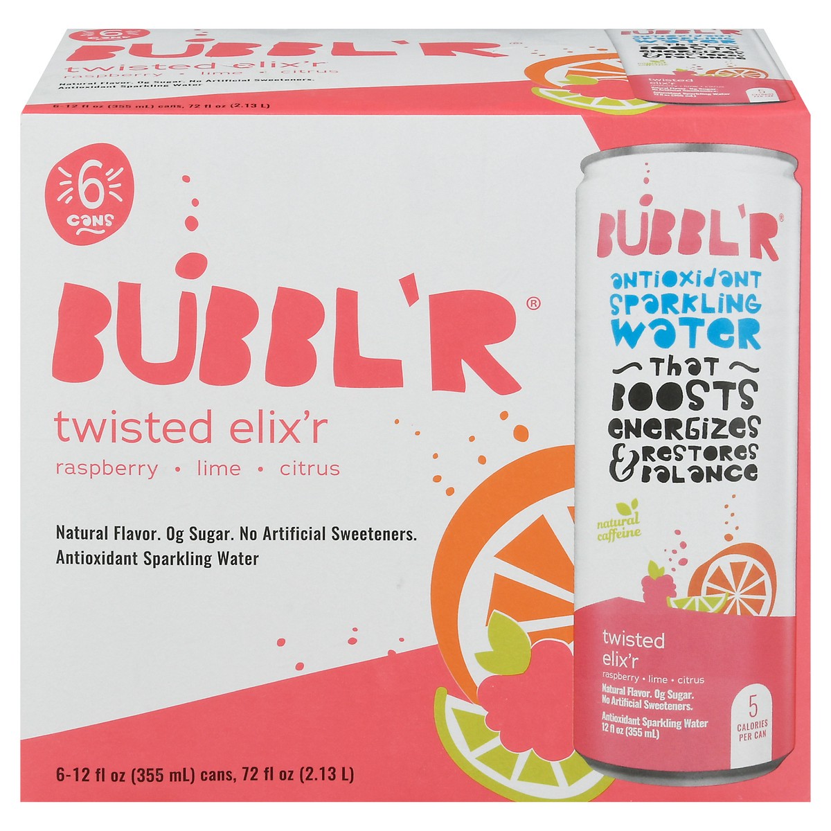 slide 1 of 33, BUBBL'R Twisted Elix'r Antioxidant Raspberry/Lime/Citrus Sparkling Water 6 - 12 fl oz Cans, 6 ct; 12 fl oz