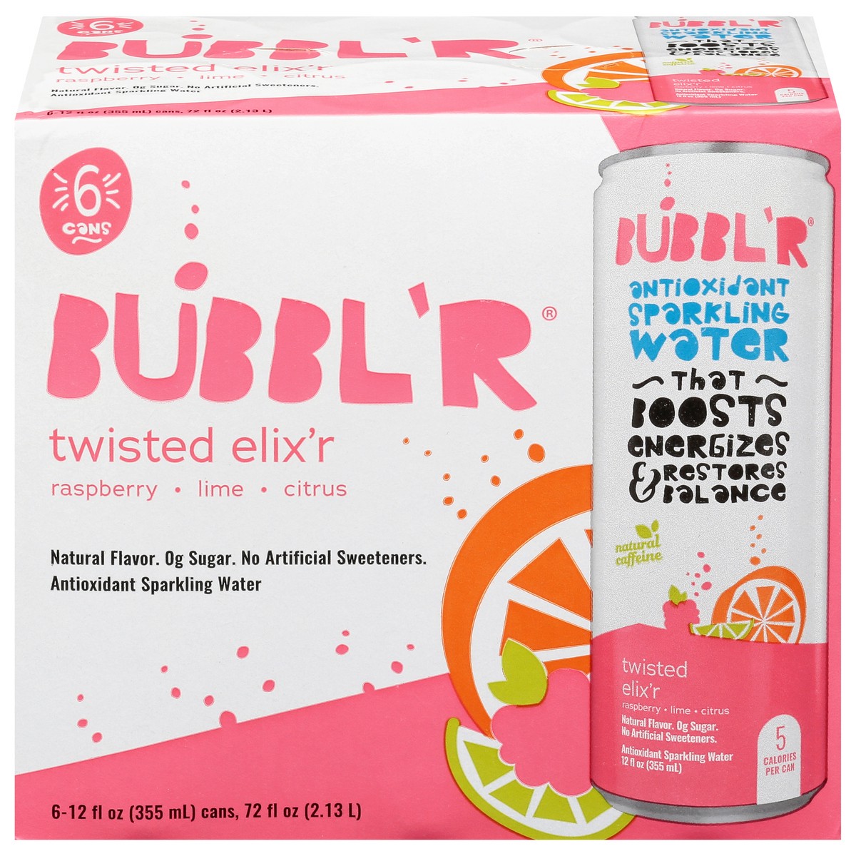 slide 1 of 33, BUBBL'R Twisted Elix'r Antioxidant Raspberry/Lime/Citrus Sparkling Water 6 - 12 fl oz Cans, 6 ct; 12 fl oz