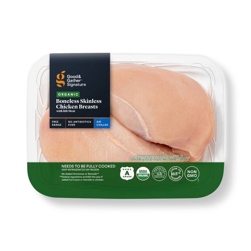 slide 1 of 3, Fresh Organic Air Chilled Boneless & Skinless Chicken Breasts - 0.75-2.25lbs - price per lb - Good & Gather™, per lb