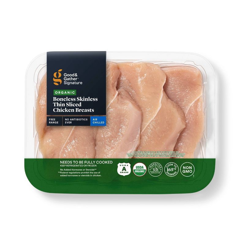 slide 1 of 3, Organic Boneless Skinless NAE Thin Sliced Chicken Breasts - 1-2 lbs - price per lb - Good & Gather™, per lb