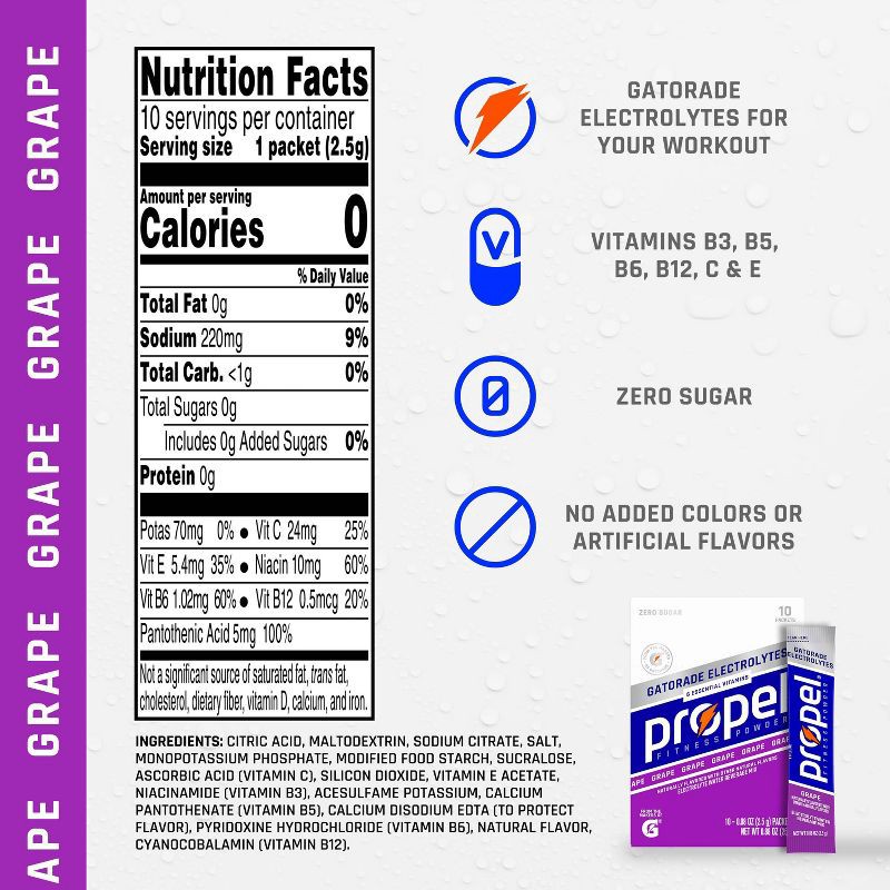 slide 4 of 11, Propel Grape Sports Drink Mix - 10ct/0.08oz Pouches: Hydration Powder, Zero Calories, No Added Sugar, 10 ct, 0.08 oz
