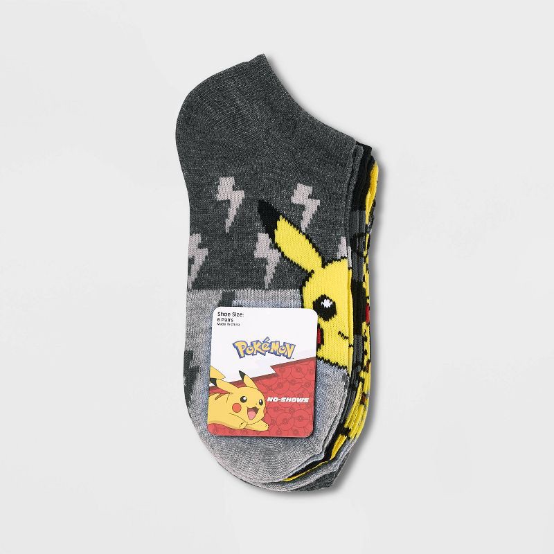 slide 2 of 2, Pokemon Boys' Pokémon Pikachu 6pk No Show Socks - Gray/Yellow M/L, 6 ct