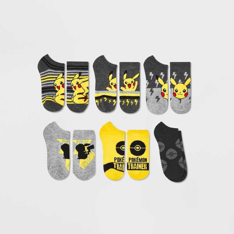 slide 1 of 2, Pokemon Boys' Pokémon Pikachu 6pk No Show Socks - Gray/Yellow M/L, 6 ct
