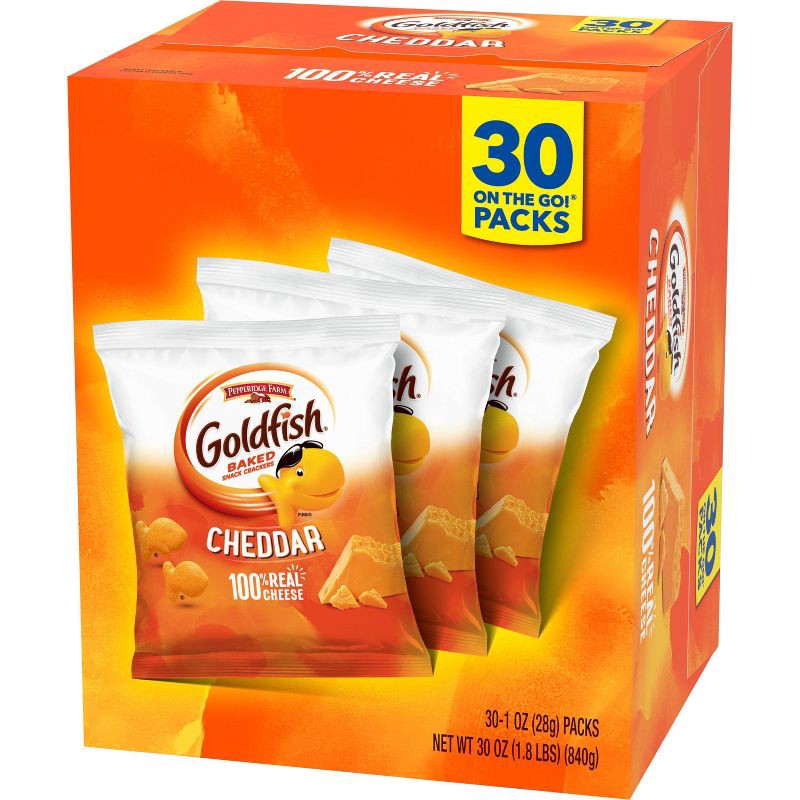 slide 5 of 16, Goldfish Cheddar Crackers Snack Pack MultiPack Box - 30oz/30ct, 30 oz, 30 ct