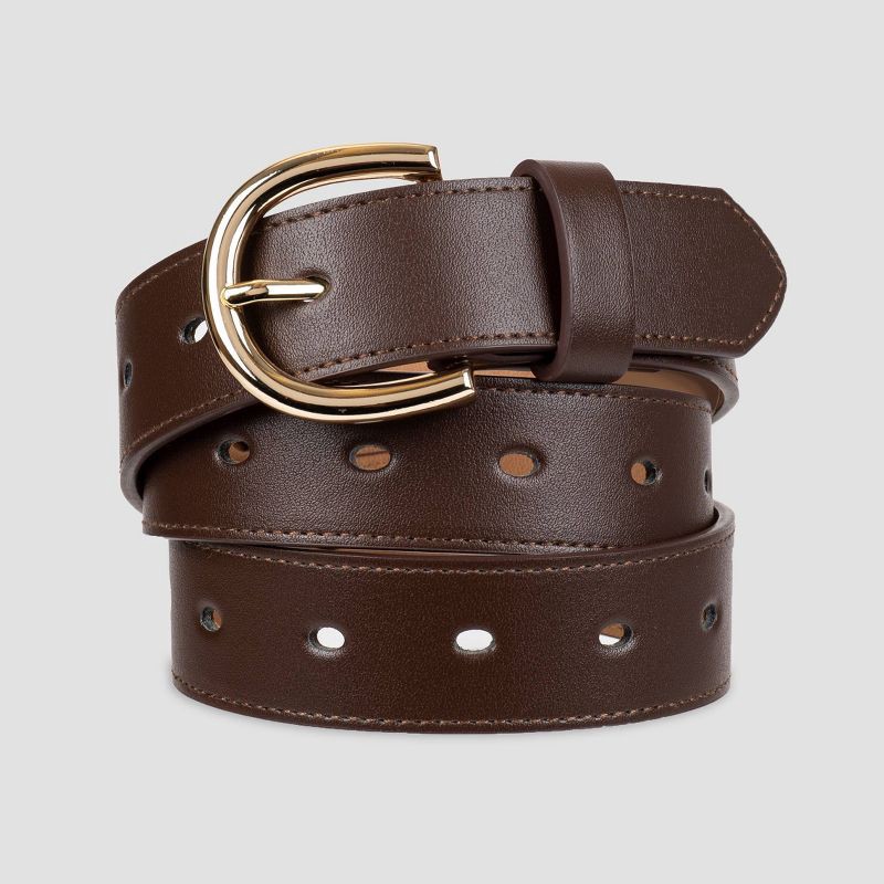 slide 1 of 3, Women's Laser Cut Belt - A New Day™ Brown L: Adjustable Strap, Solid Pattern, Buckle Closure, & Leather, 1 ct