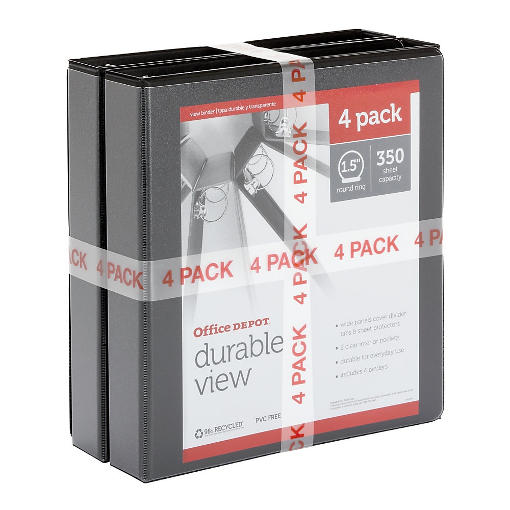 slide 1 of 1, Office Depot Brand Durable Round-Ring View Binders, 1-1/2'' Rings, Black, Pack Of 4 Binders, 4 ct