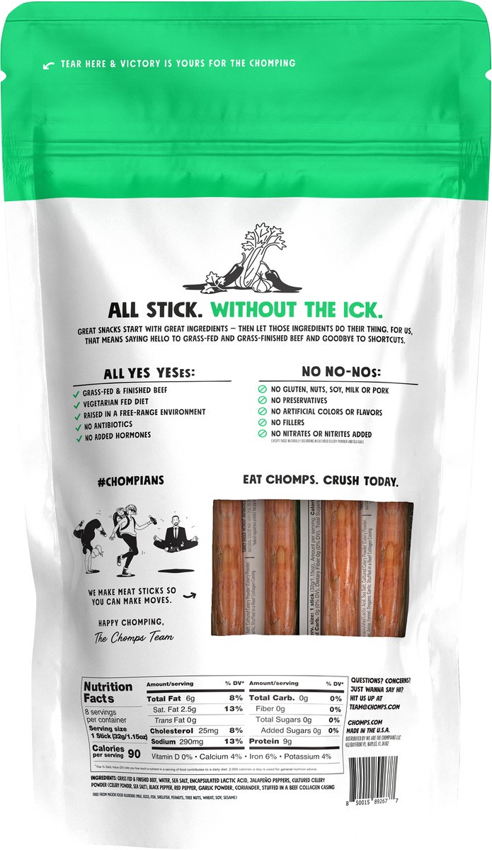 slide 3 of 3, Chomps Grass-Fed and Finished Jalapeño Beef Meat Sticks, 8 count, 9.2 oz
