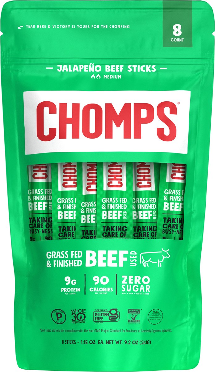 slide 2 of 3, Chomps Grass-Fed and Finished Jalapeño Beef Meat Sticks, 8 count, 9.2 oz