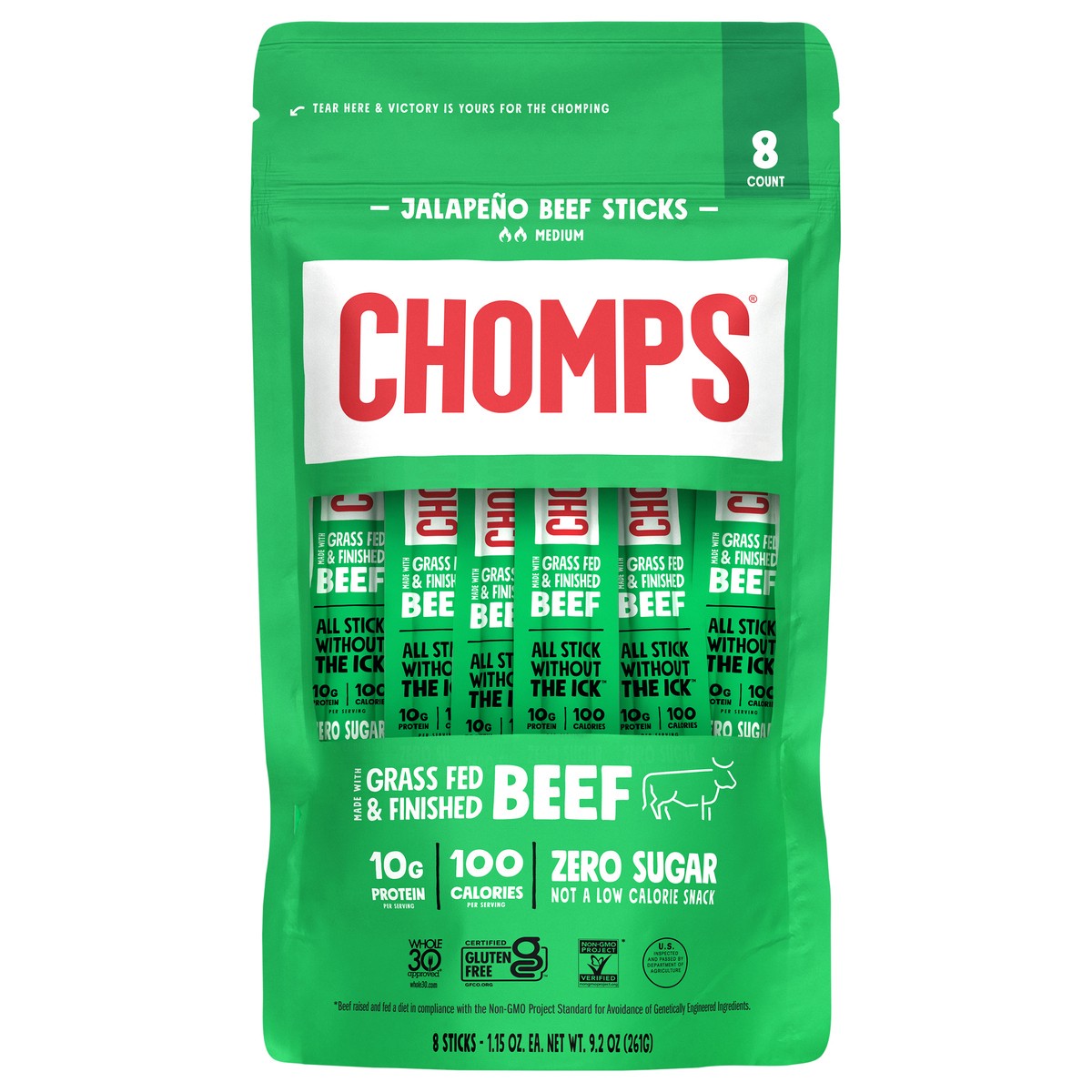 slide 1 of 3, Chomps Grass-Fed and Finished Jalapeño Beef Meat Sticks, 8 count, 9.2 oz