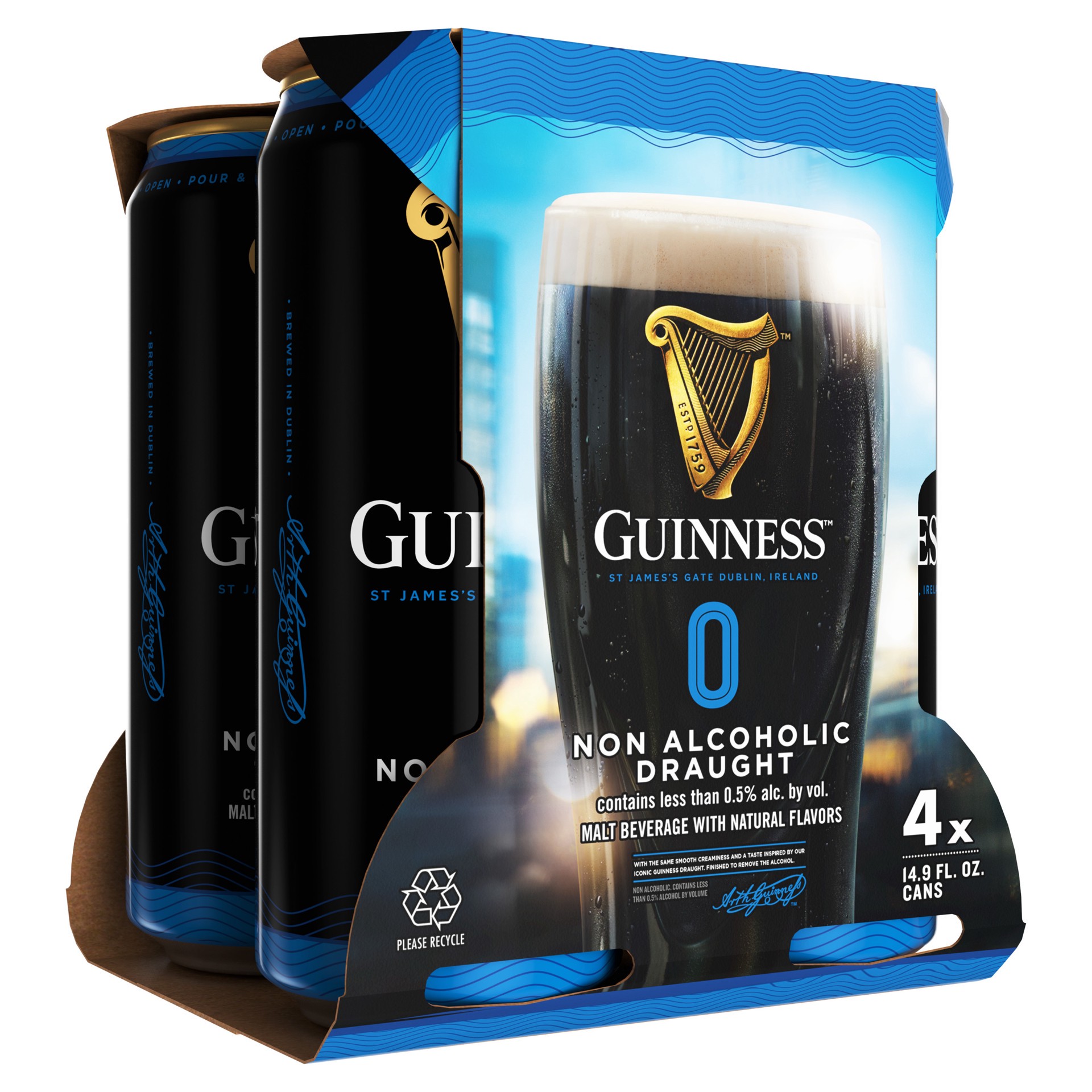 slide 6 of 10, Guinness 0 Non Alcoholic Draught, 14.9oz Cans, 4pk, 14.90 fl oz