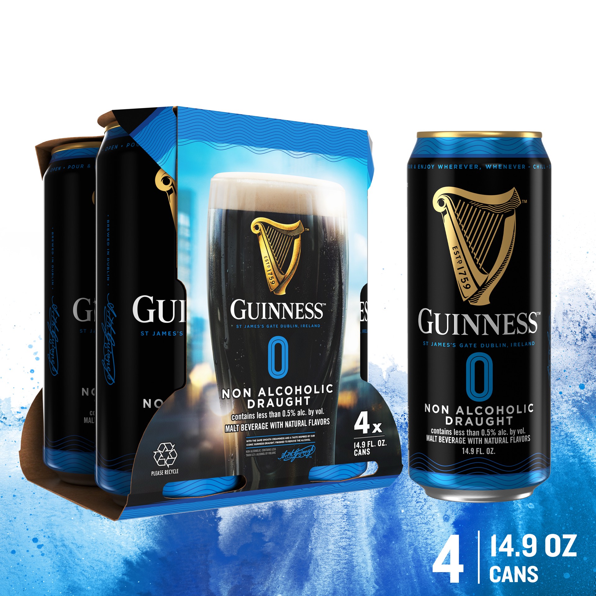 slide 1 of 10, Guinness 0 Non Alcoholic Draught, 14.9oz Cans, 4pk, 14.90 fl oz