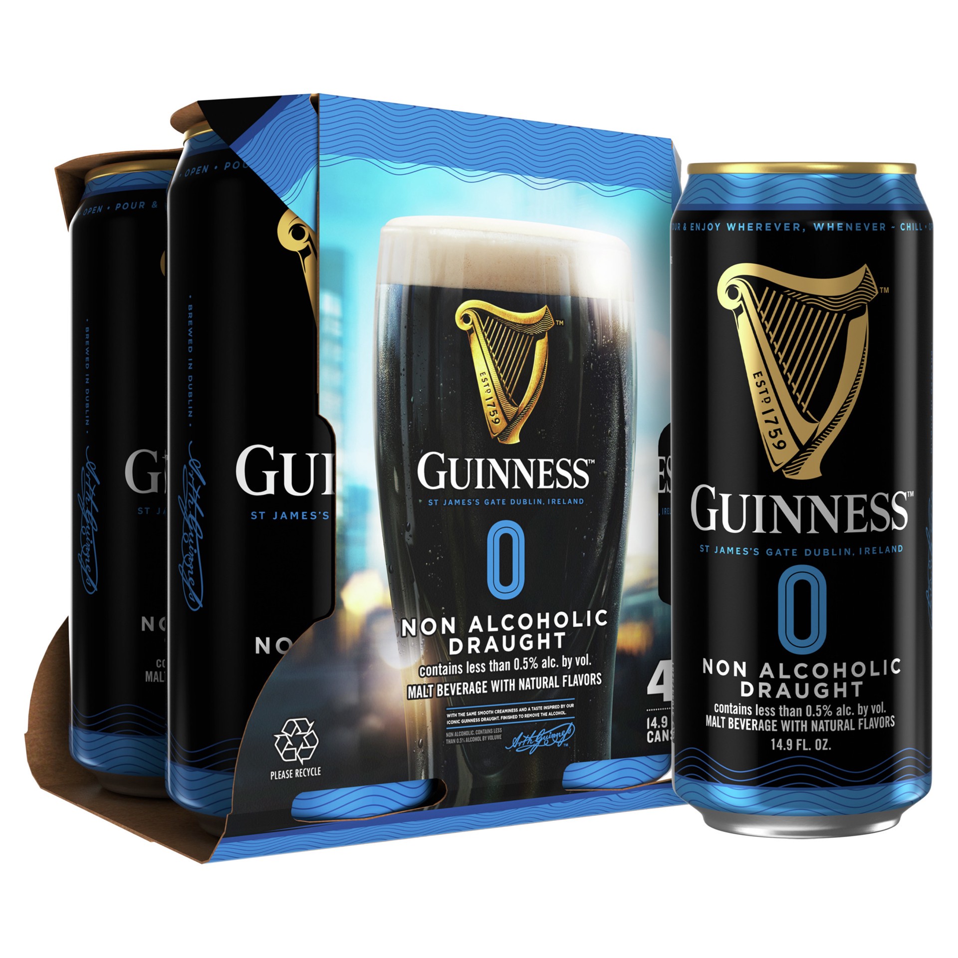 slide 9 of 10, Guinness 0 Non Alcoholic Draught, 14.9oz Cans, 4pk, 14.90 fl oz