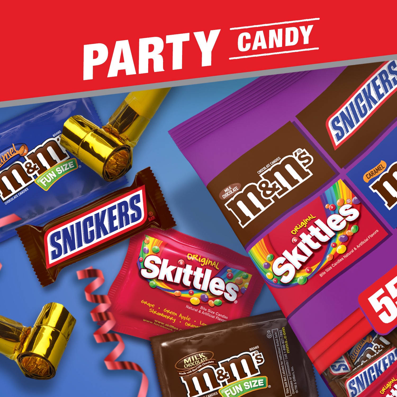 slide 3 of 8, Mixed M&M'S, SNICKERS, SKITTLES Variety Pack Fun Size Chewy Candy Assortment, 55 Piece Bag, 55 ct