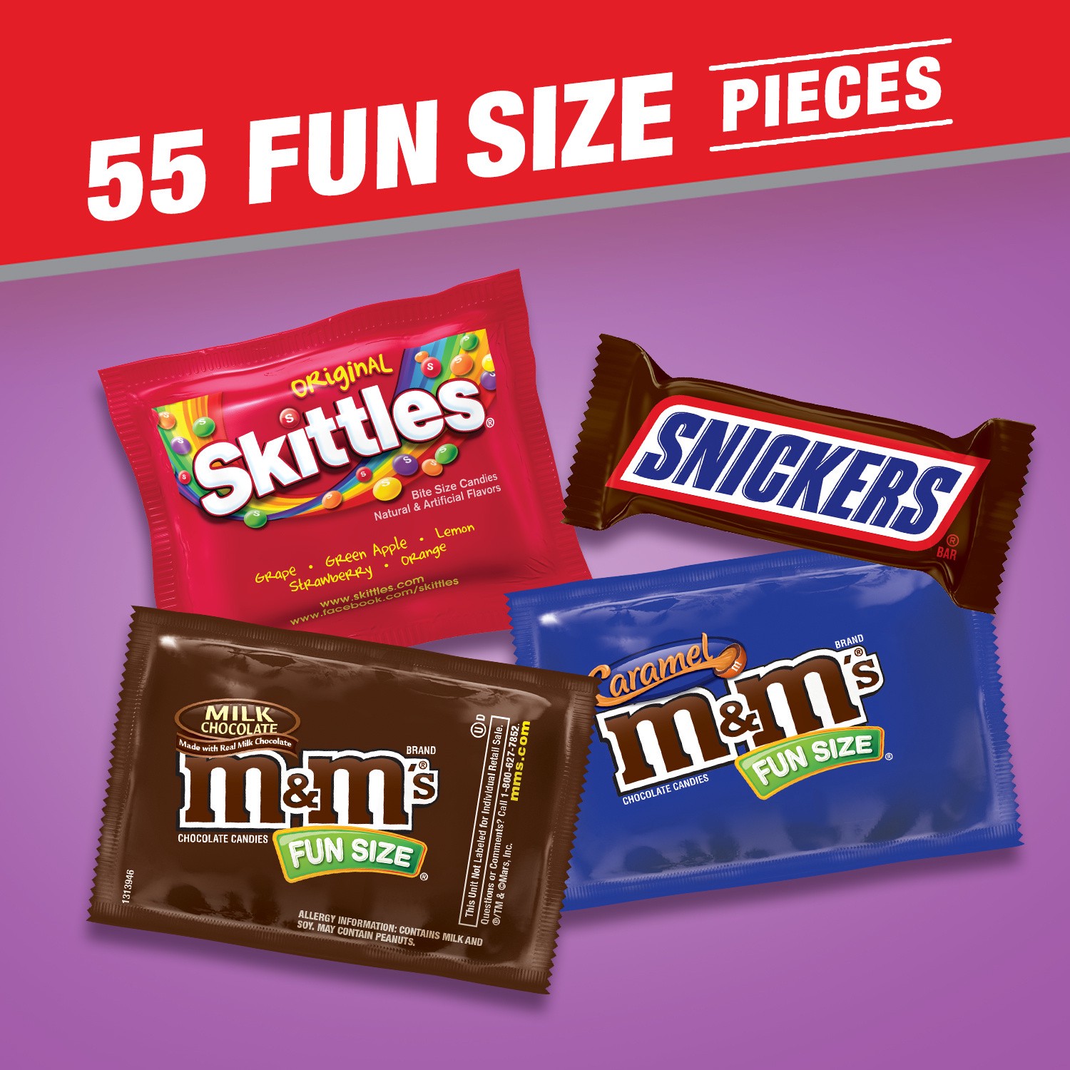 slide 7 of 8, Mixed M&M'S, SNICKERS, SKITTLES Variety Pack Fun Size Chewy Candy Assortment, 55 Piece Bag, 55 ct