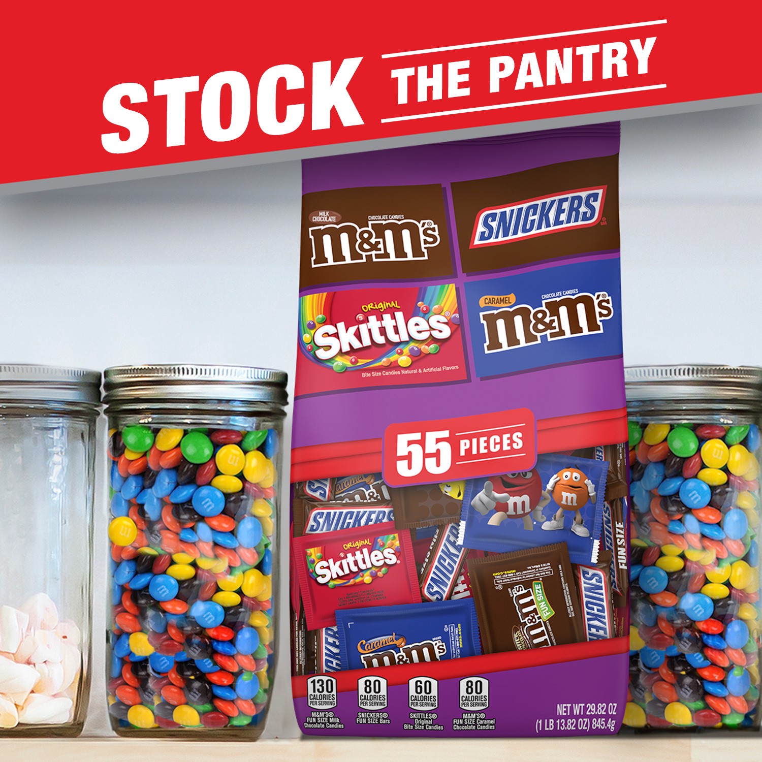 slide 8 of 8, Mixed M&M'S, SNICKERS, SKITTLES Variety Pack Fun Size Chewy Candy Assortment, 55 Piece Bag, 55 ct