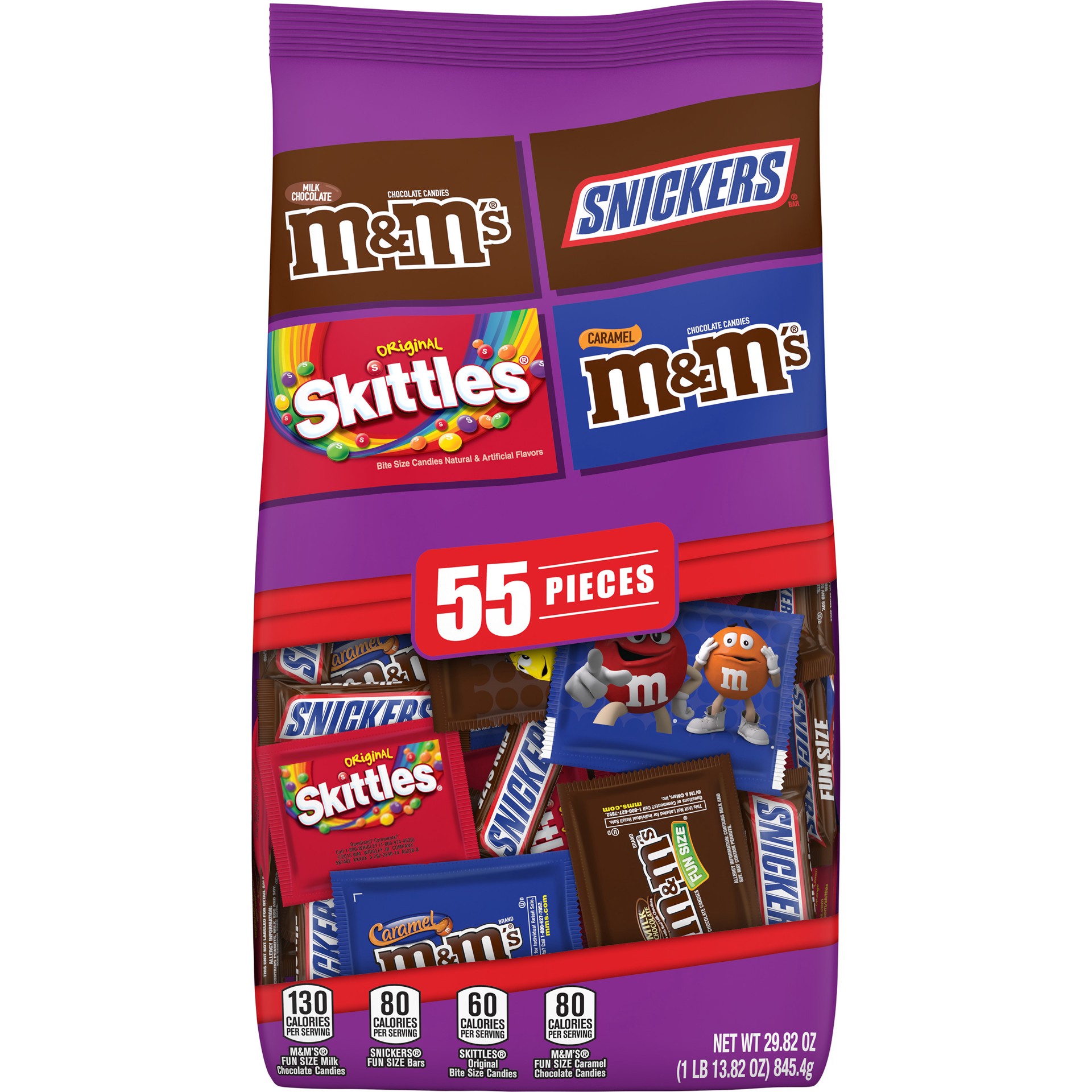 slide 1 of 8, Mixed M&M'S, SNICKERS, SKITTLES Variety Pack Fun Size Chewy Candy Assortment, 55 Piece Bag, 55 ct