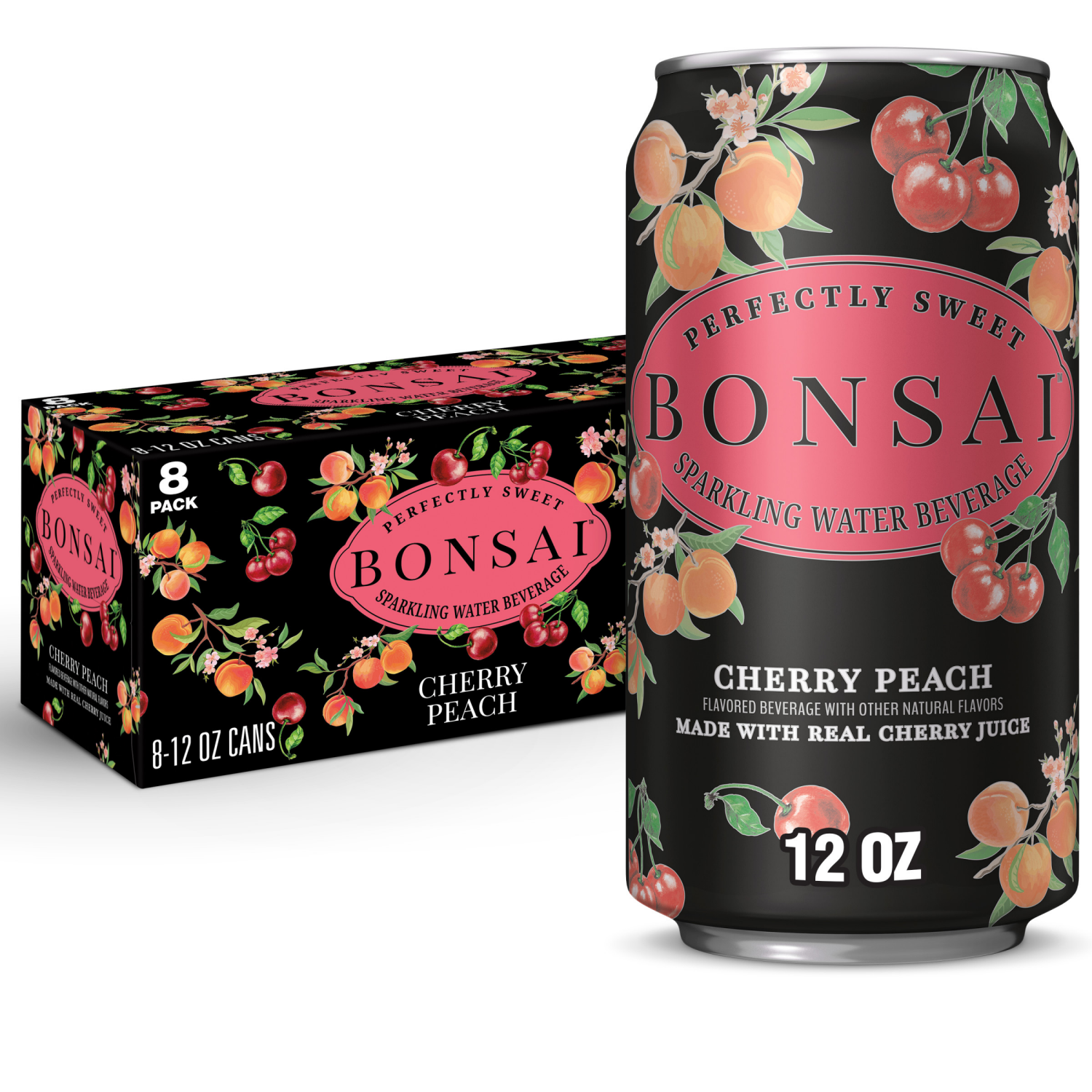 slide 1 of 5, Bonsai Cherry Peach Sweetened Sparkling Water Cans- 12 fl oz, 8 ct; 12 fl oz