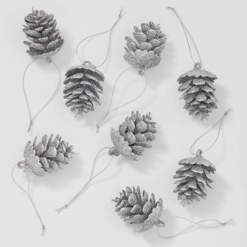 slide 1 of 3, 8ct Glittered Pinecone Christmas Tree Ornament Set Silver - Wondershop™, 8 ct