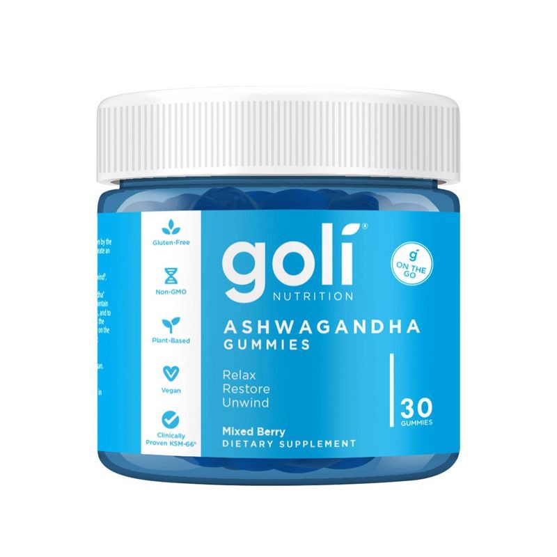 slide 1 of 5, Goli Nutrition Ashwagandha Vegan Gummies - 30ct: Certified Gluten-Free, Non-GMO Project Verified, Berry Flavor, Dietary Supplements, 30 ct