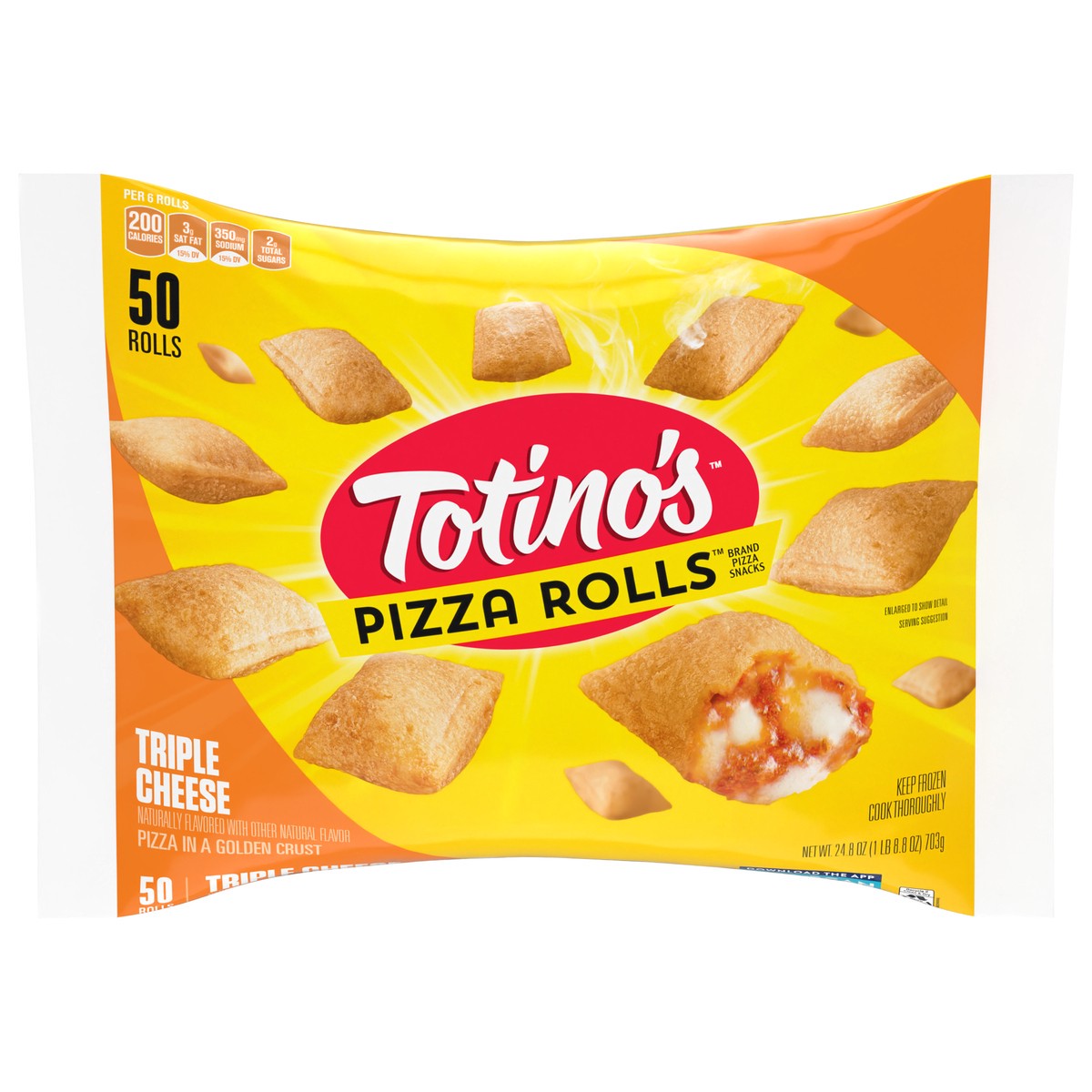 slide 1 of 8, Totino's Pizza Rolls, Triple Cheese Flavored, Frozen Snacks, 50 Rolls, 24.8 oz, 50 ct