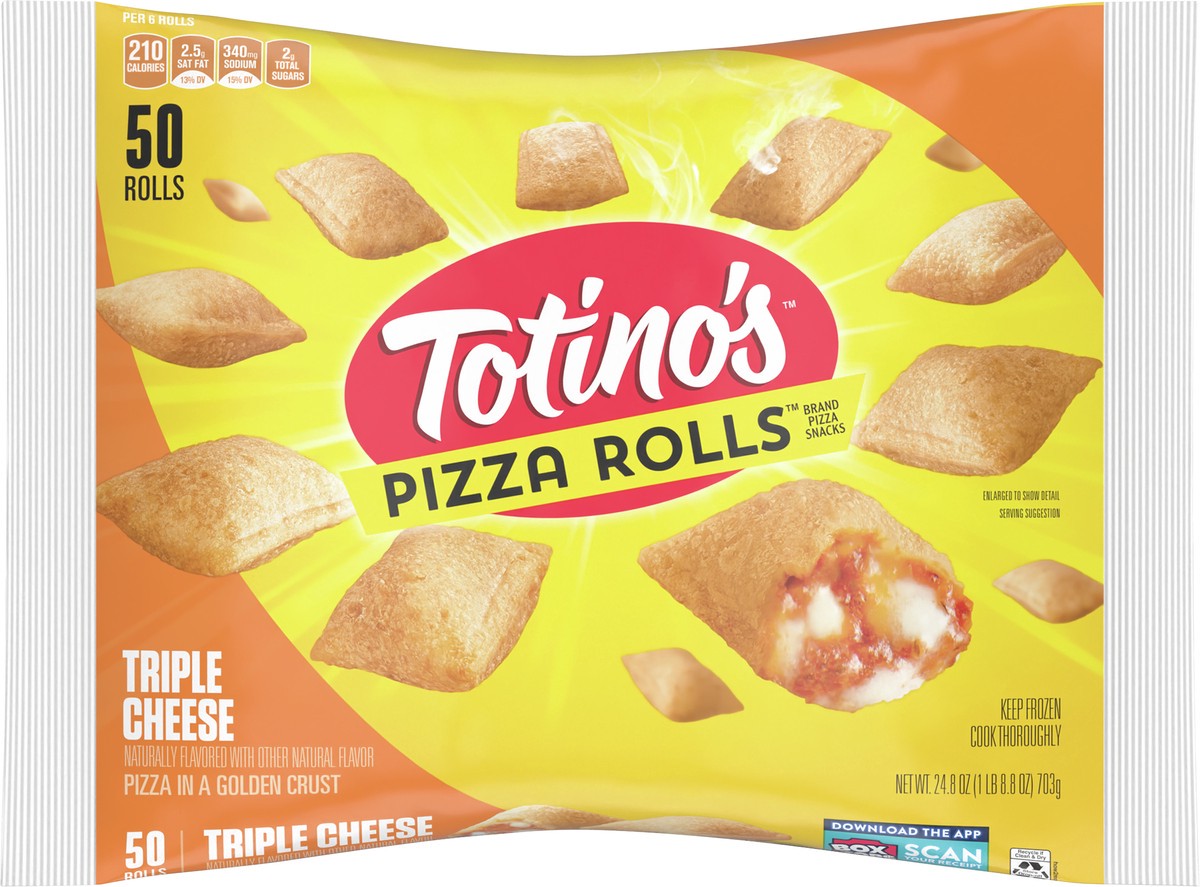 slide 3 of 8, Totino's Pizza Rolls, Triple Cheese Flavored, Frozen Snacks, 24.8 oz, 50 ct, 50 ct
