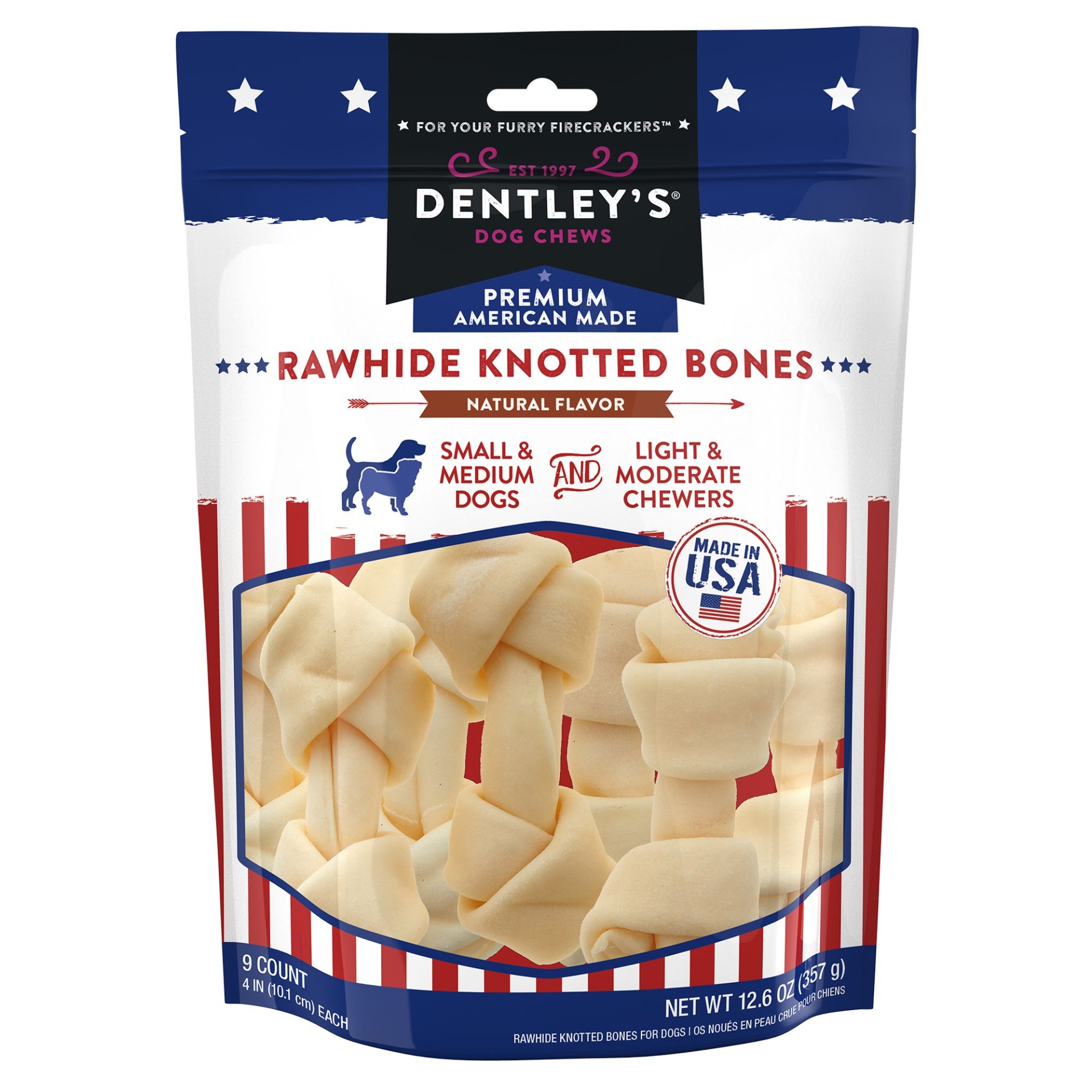slide 1 of 1, Dentley's American Made 4" Rawhide Knotted Bones Dog Chew - Chicken, 9 Count, 9 ct