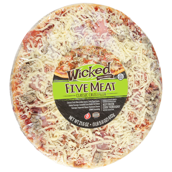 slide 1 of 1, Wicked Pizza Company Pizza, Classic Crust, Five Meat, 21.6 oz