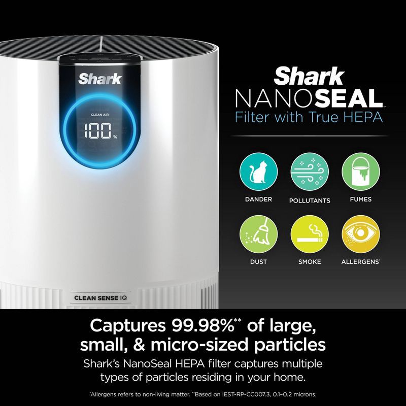 slide 3 of 19, Shark Air Purifier with Nanoseal HEPA, Cleansense IQ, Odor Lock, Cleans up to 500 Sq. Ft, White, HP102, 1 ct