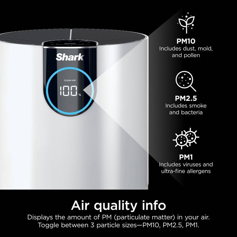 slide 13 of 19, Shark Air Purifier with Nanoseal HEPA Cleansense IQ Odor Lock Cleans up to 500 sq ft White HP102: UL Listed, True HEPA, 2-Year Warranty, 500 sq ft