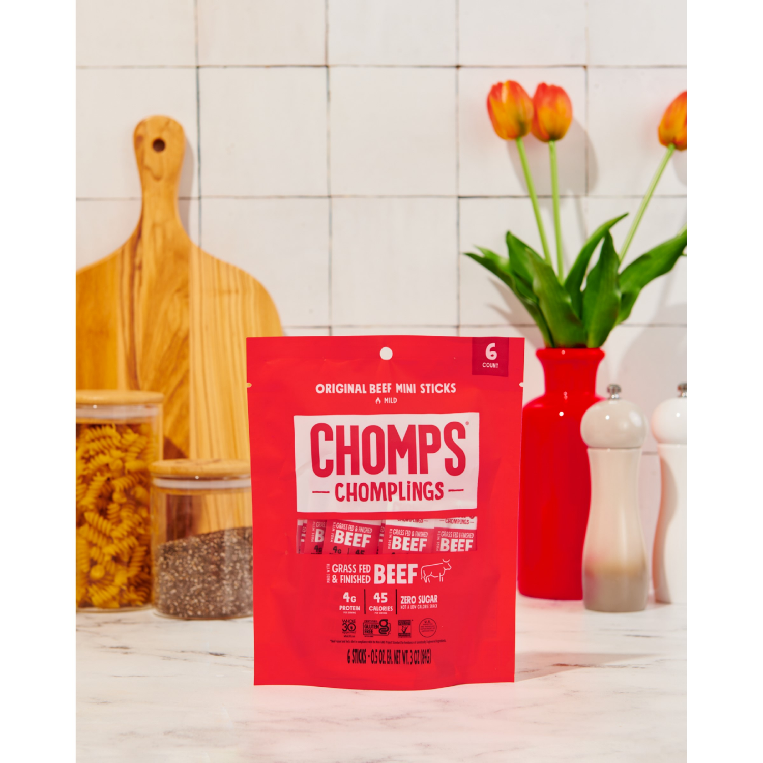 slide 4 of 4, Chomps CHOMPLINGS Grass-Fed and Finished Original Mini Beef Meat Sticks, 6 Count, 6 ct