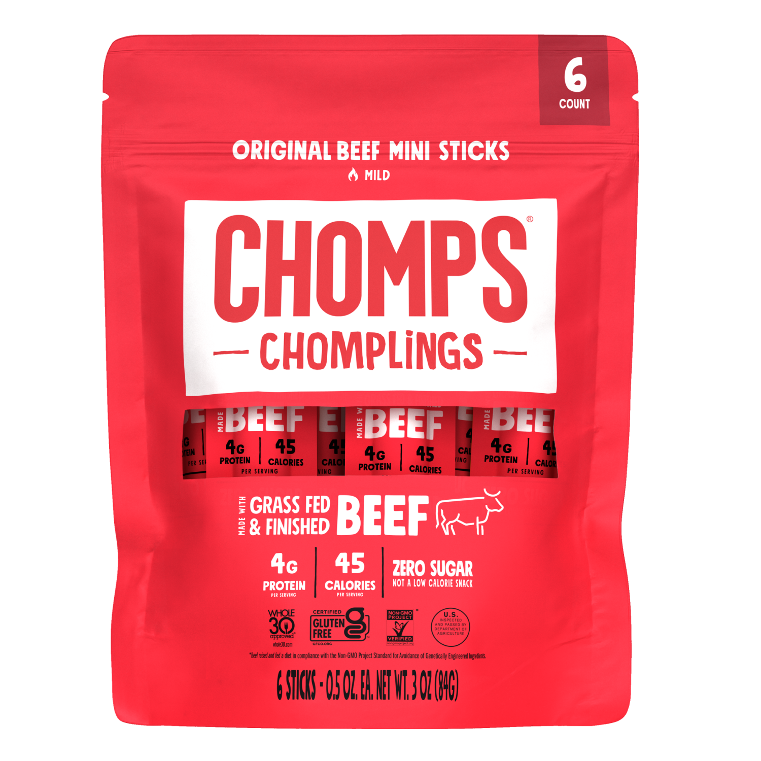 slide 1 of 4, Chomps CHOMPLINGS Grass-Fed and Finished Original Mini Beef Meat Sticks, 6 Count, 6 ct