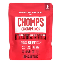 Chomps CHOMPLINGS Grass-Fed and Finished Original Mini Beef Meat Sticks, 6 Count