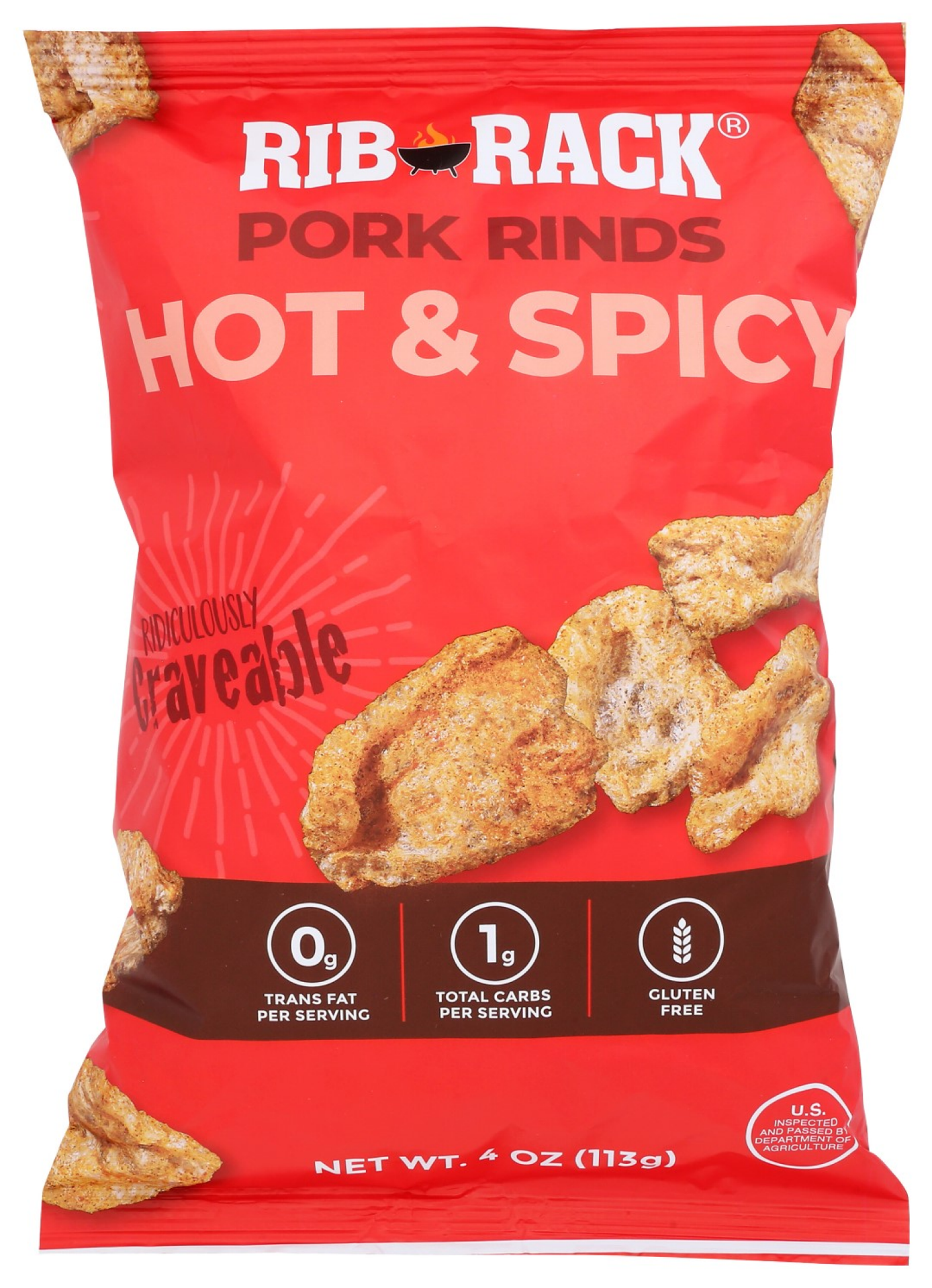 slide 1 of 2, Rib Rack Hot & Spicy Pork Rinds, 4 oz