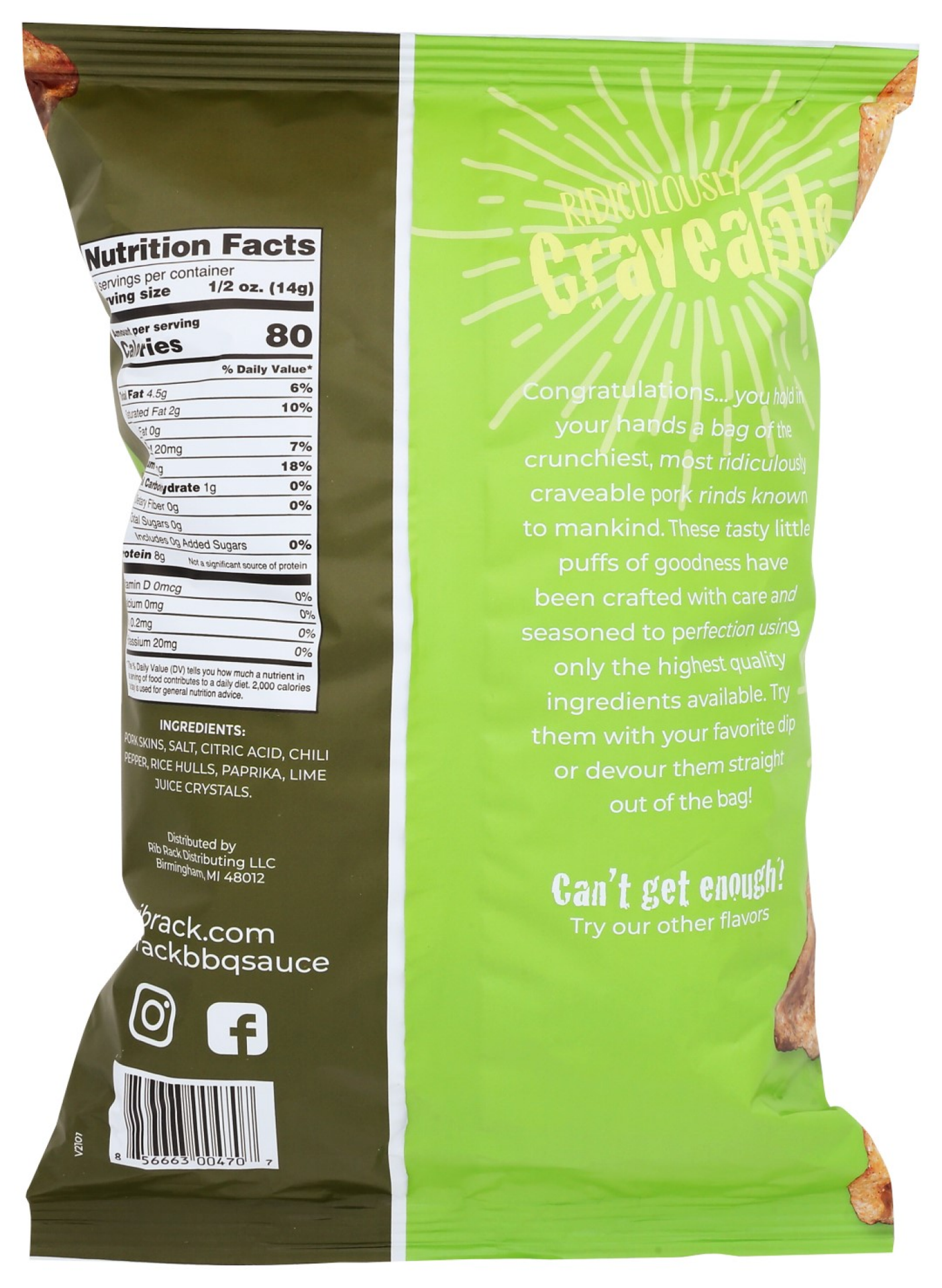 slide 2 of 2, Rib Rack Chile Lime Pork Rinds, 4 oz