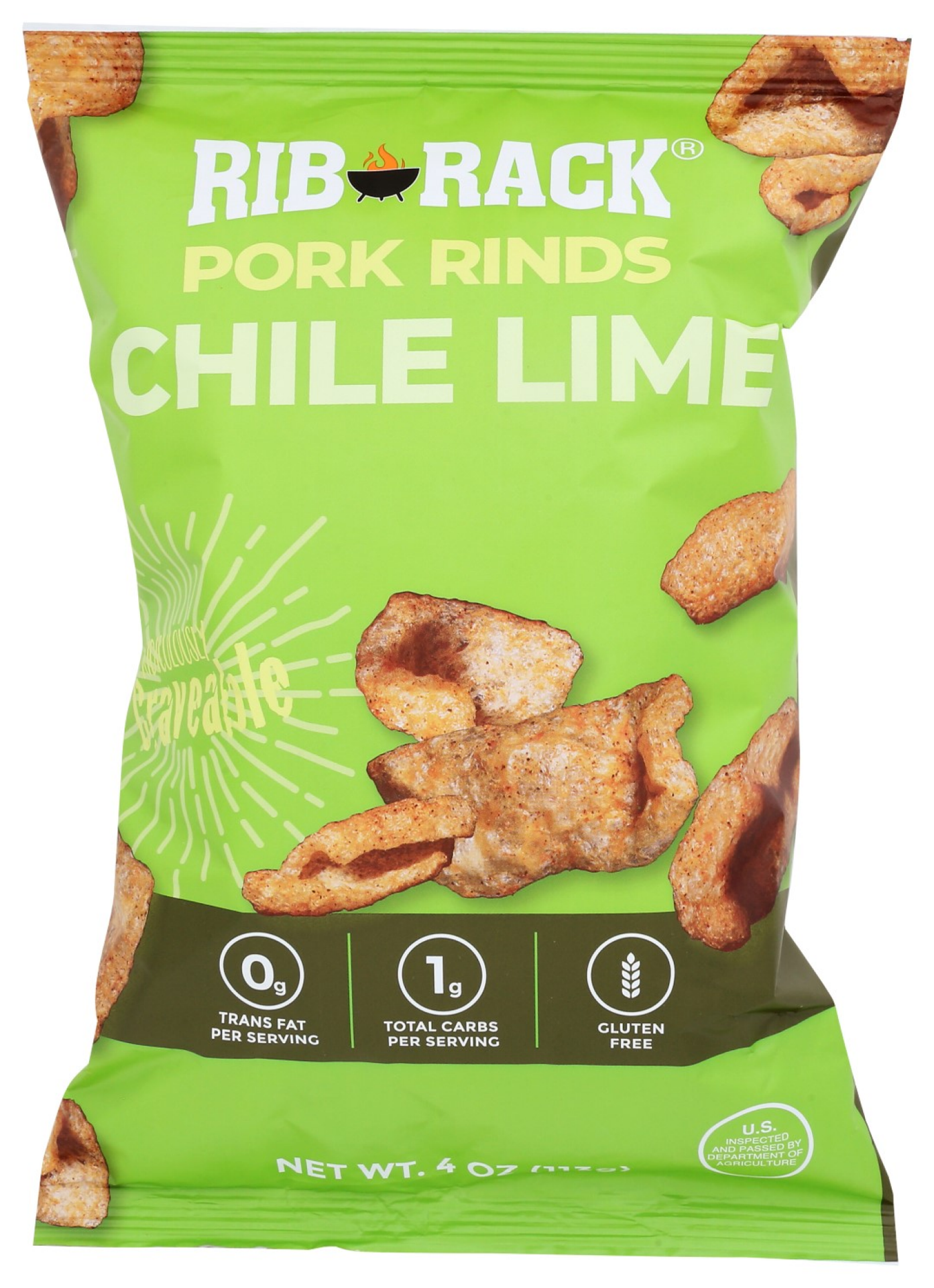 slide 1 of 2, Rib Rack Chile Lime Pork Rinds, 4 oz