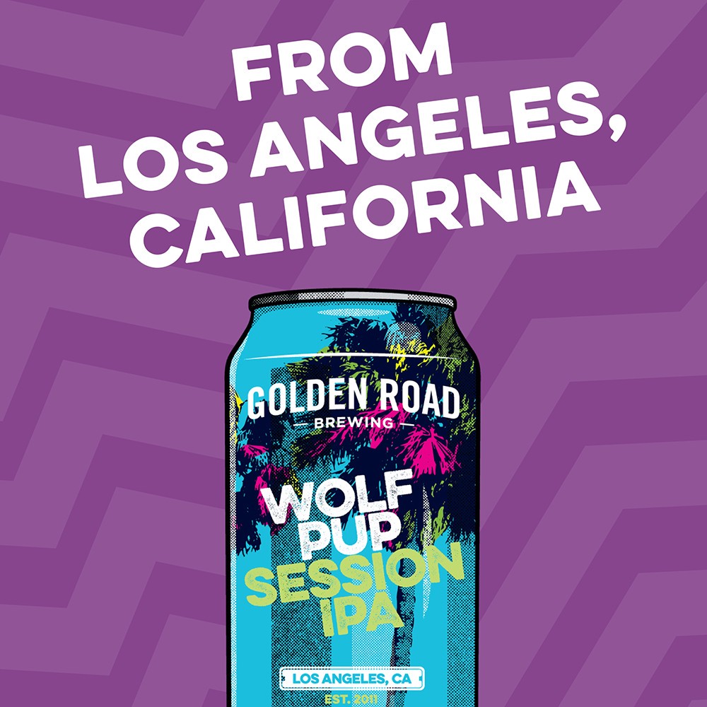 slide 4 of 5, Golden Road Wolf Pup Session IPA is a highly drinkable India Pale Ale beer from Los Angeles. This IPA beer has a light body and a wildly aromatic tropical and citrus character. Wolf Pup craft beer has a 45 IBU rating and 4.8% ABV. 15 pack., 180 fl oz