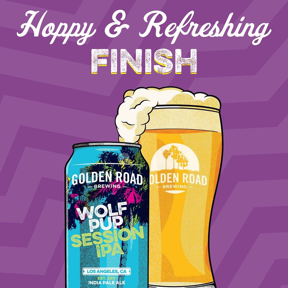 slide 5 of 5, Golden Road Wolf Pup Session IPA is a highly drinkable India Pale Ale beer from Los Angeles. This IPA beer has a light body and a wildly aromatic tropical and citrus character. Wolf Pup craft beer has a 45 IBU rating and 4.8% ABV. 15 pack., 180 fl oz