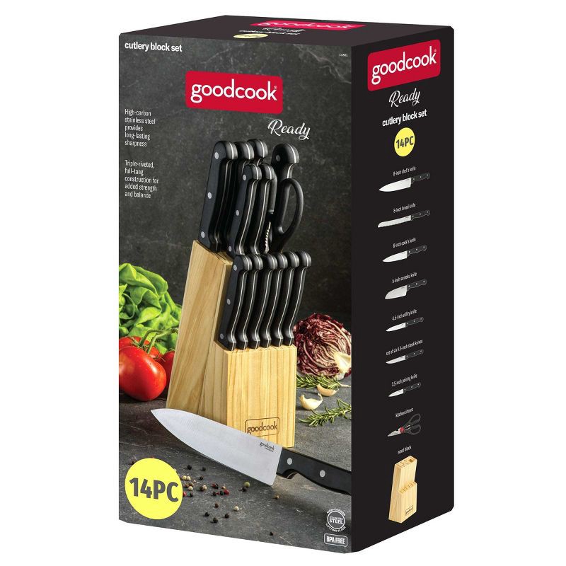 slide 6 of 7, GoodCook Ready 14pc Cutlery Block Set: High Carbon Stainless Steel Kitchen Knives & Block, Hand Wash, Black Handles, 14 ct
