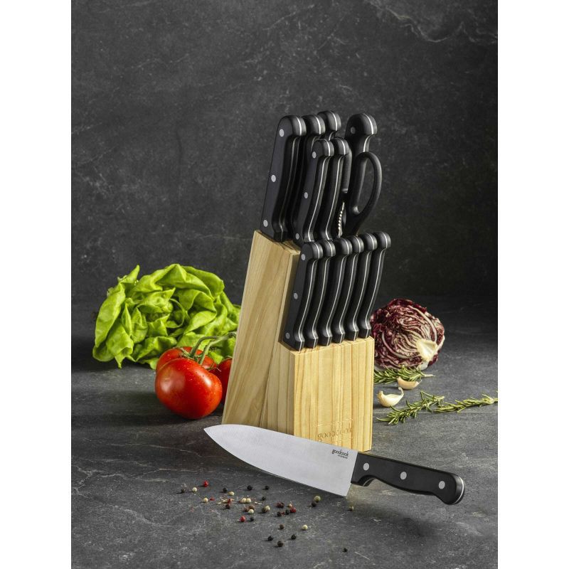 slide 7 of 7, GoodCook Ready 14pc Cutlery Block Set: High Carbon Stainless Steel Kitchen Knives & Block, Hand Wash, Black Handles, 14 ct