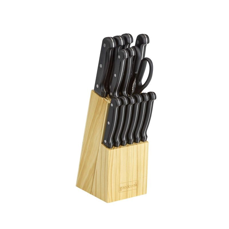 slide 1 of 7, GoodCook Ready 14pc Cutlery Block Set: High Carbon Stainless Steel Kitchen Knives & Block, Hand Wash, Black Handles, 14 ct