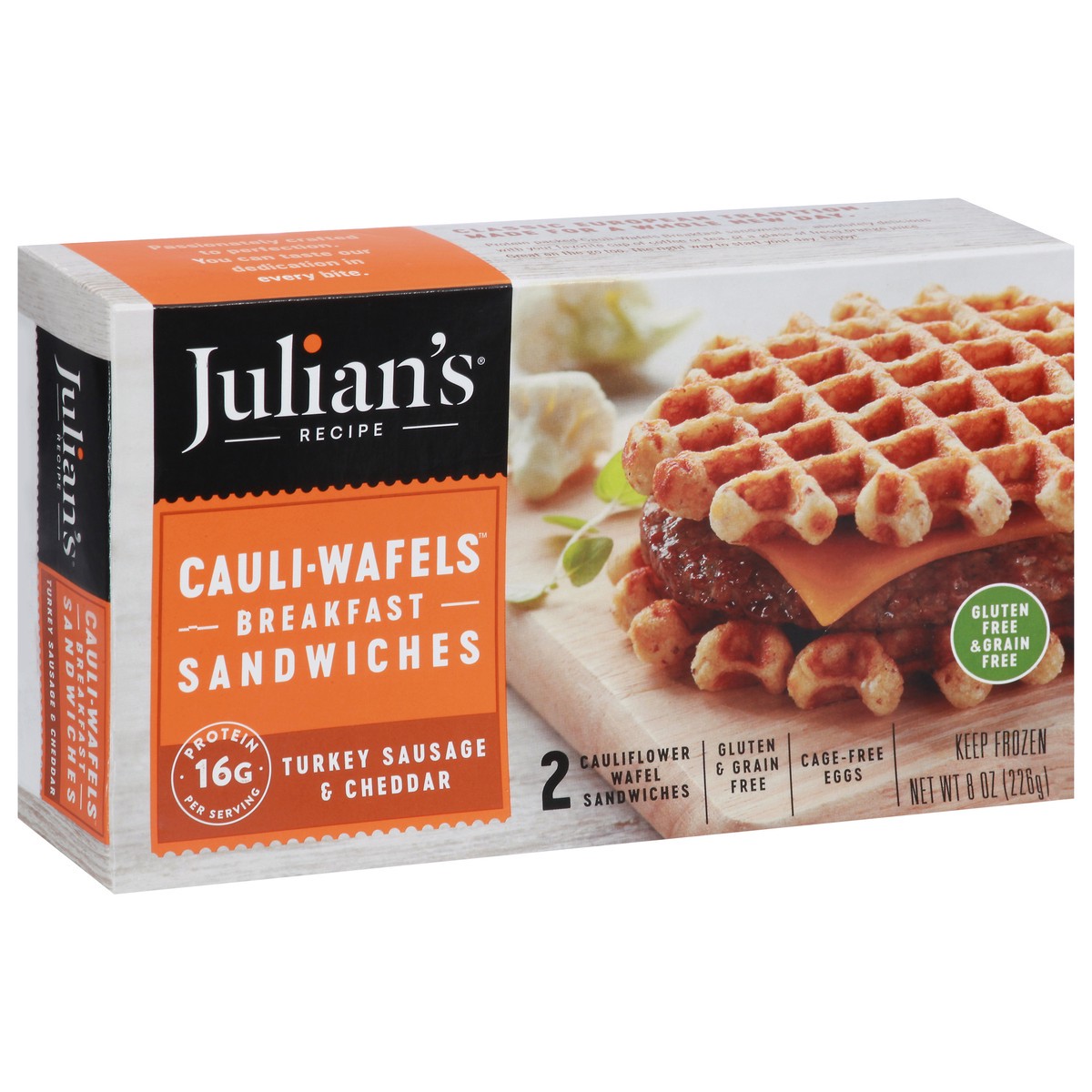 slide 8 of 9, Julian's Recipe Cauli-Wafels Turkey Sausage & Cheddar Breakfast Sandwiches 2 ea, 2 ct