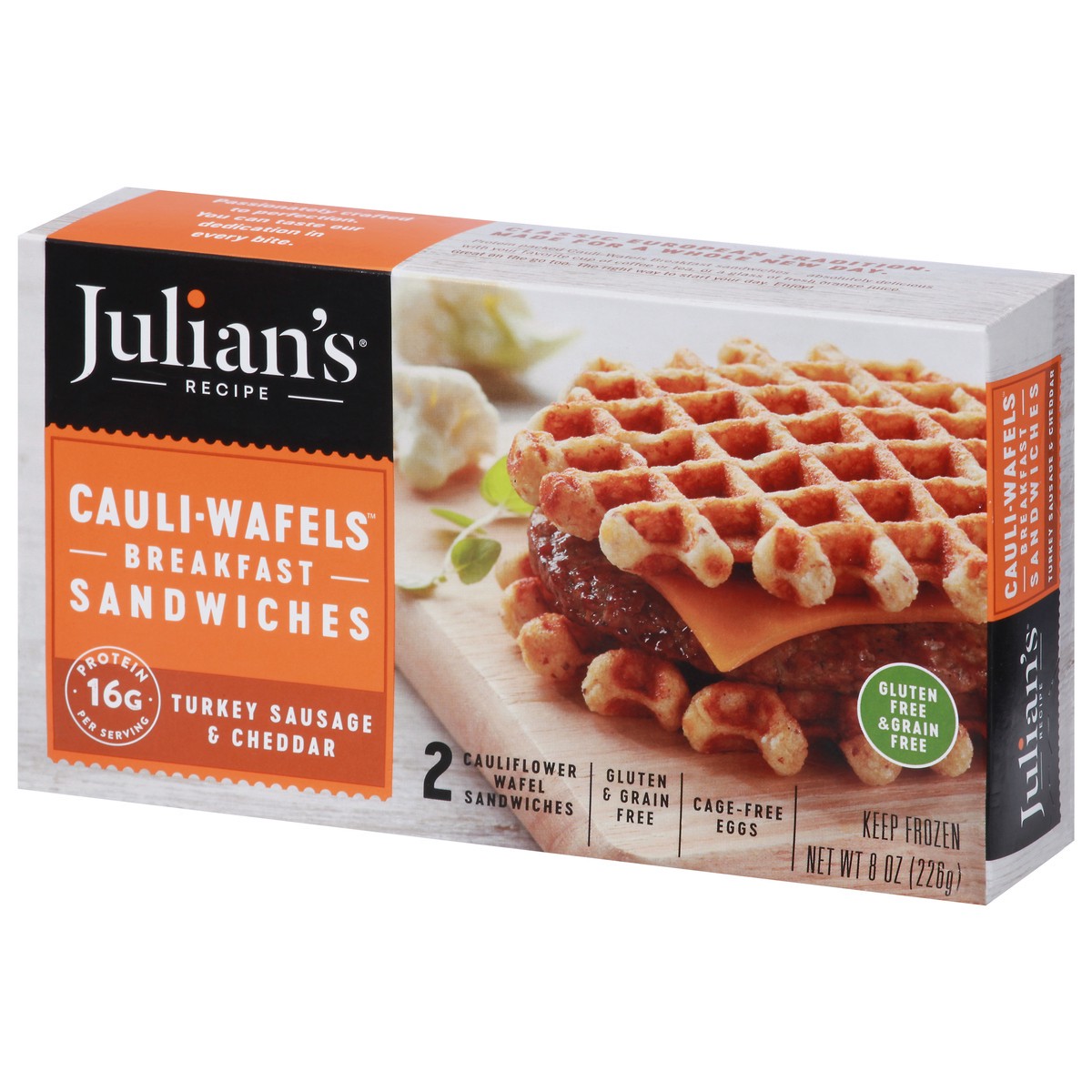 slide 9 of 9, Julian's Recipe Cauli-Wafels Turkey Sausage & Cheddar Breakfast Sandwiches 2 ea, 2 ct