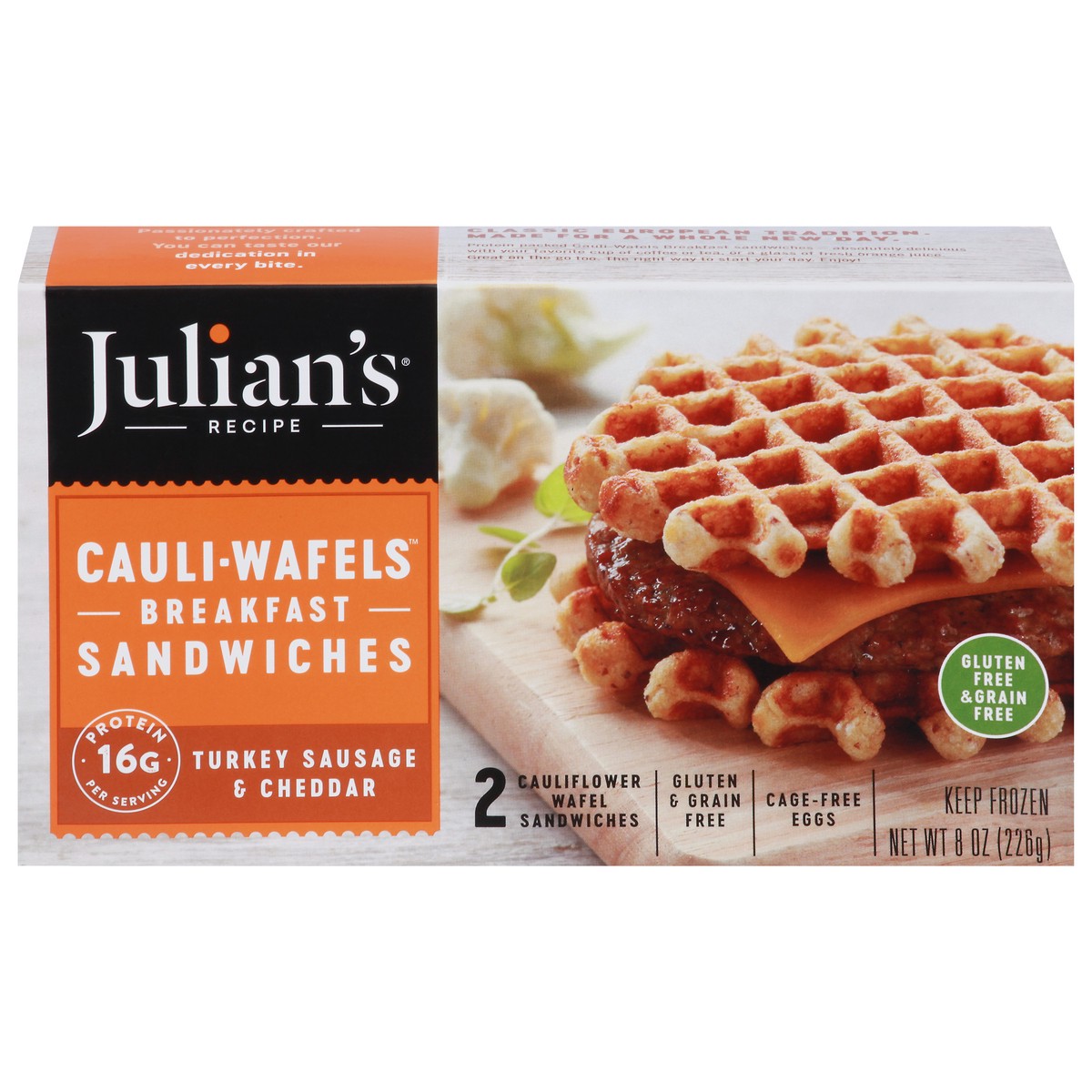 slide 1 of 9, Julian's Recipe Cauli-Wafels Turkey Sausage & Cheddar Breakfast Sandwiches 2 ea, 2 ct