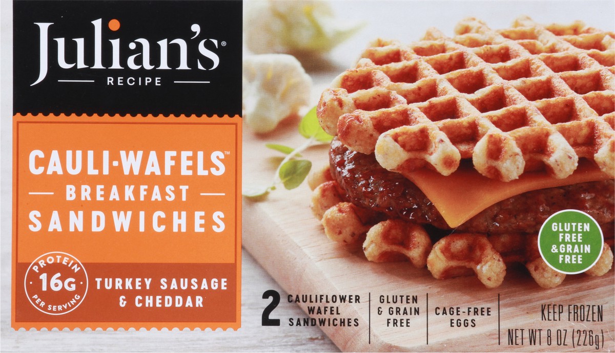 slide 2 of 9, Julian's Recipe Cauli-Wafels Turkey Sausage & Cheddar Breakfast Sandwiches 2 ea, 2 ct