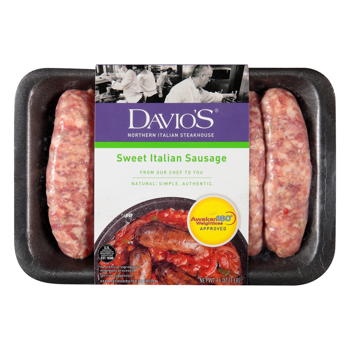 slide 1 of 1, Davio's Sweet Italian Sausage, 16 oz