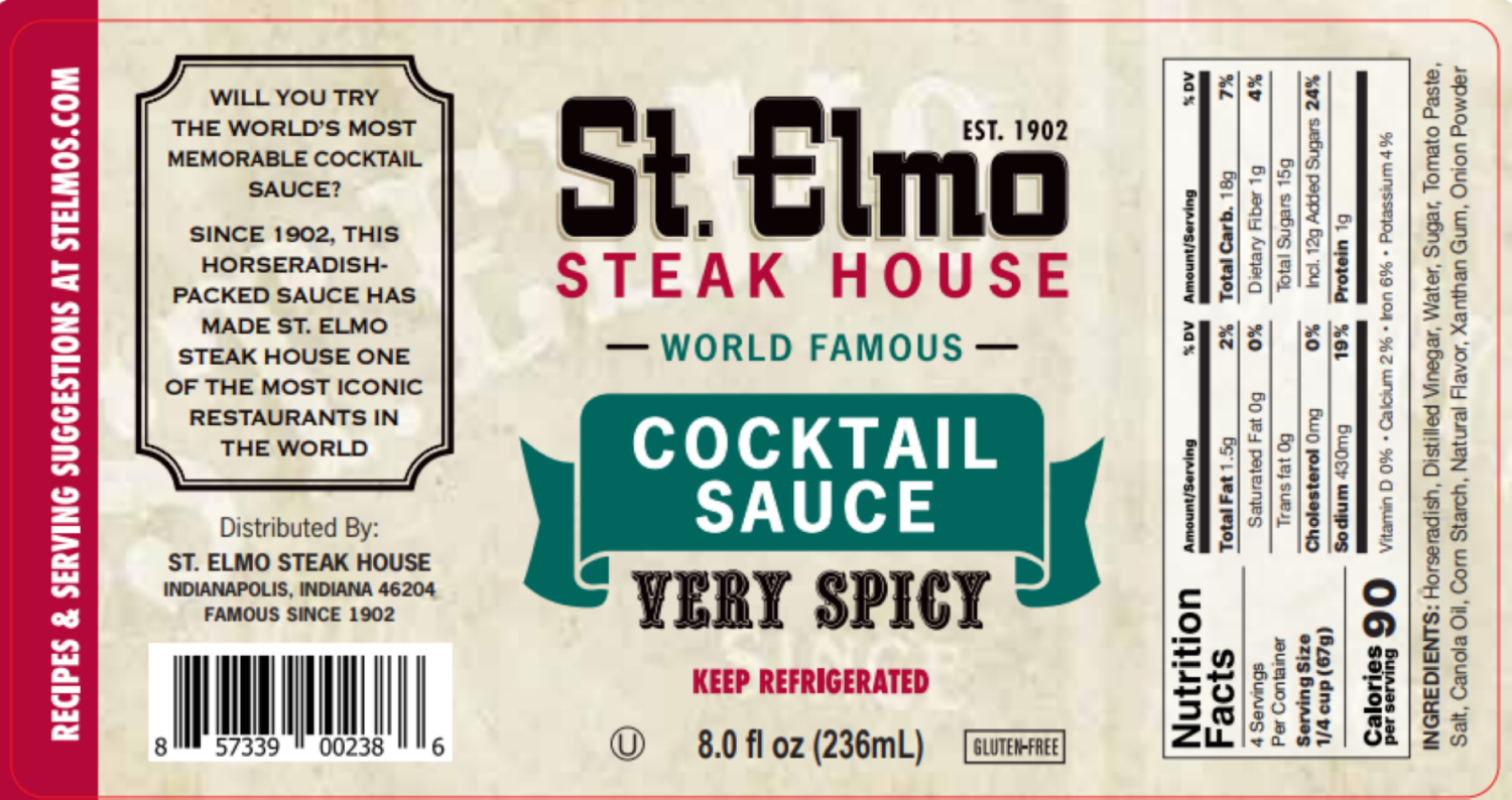 slide 1 of 1, St. Elmo Steak House Very Spicy Cocktail Sauce 8.0 fl oz, 8 oz