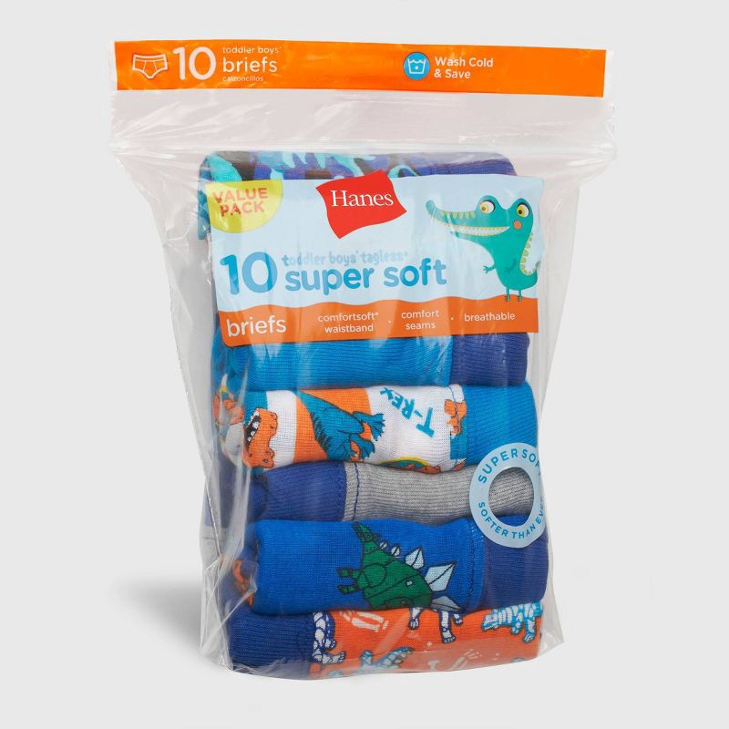 slide 2 of 5, Hanes Toddler Boys' 10pk Briefs - Blue 2T-3T: Cotton, Tagless, Pull-On, Solid Pattern, 10 ct