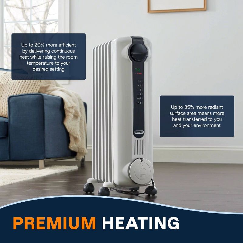 slide 8 of 11, DeLonghi Radiator Heater: Oil Filled, Electric Space Heater, Indoor Use, Programmable Timer, 3 Settings, 1500W, ETL Listed, 1 ct