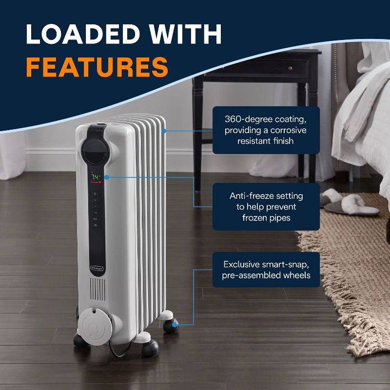 slide 10 of 11, DeLonghi Radiator Heater: Oil Filled, Electric Space Heater, Indoor Use, Programmable Timer, 3 Settings, 1500W, ETL Listed, 1 ct