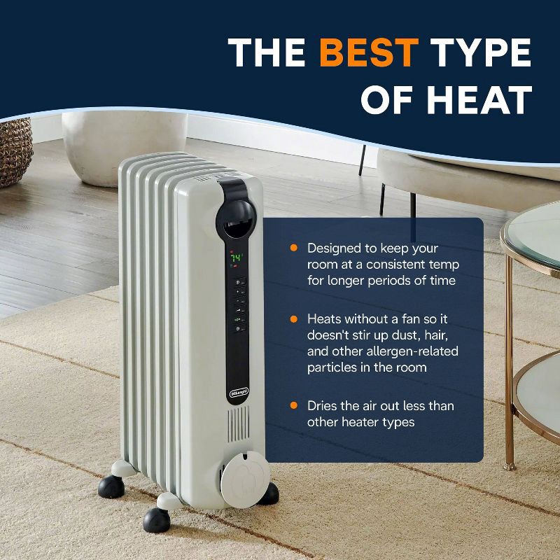 slide 9 of 11, DeLonghi Radiator Heater: Oil Filled, Electric Space Heater, Indoor Use, Programmable Timer, 3 Settings, 1500W, ETL Listed, 1 ct